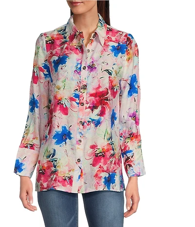 Calessa Textured Crinkle Antique Abstract Print Point Collar Long Sleeve Button Front Blouse
