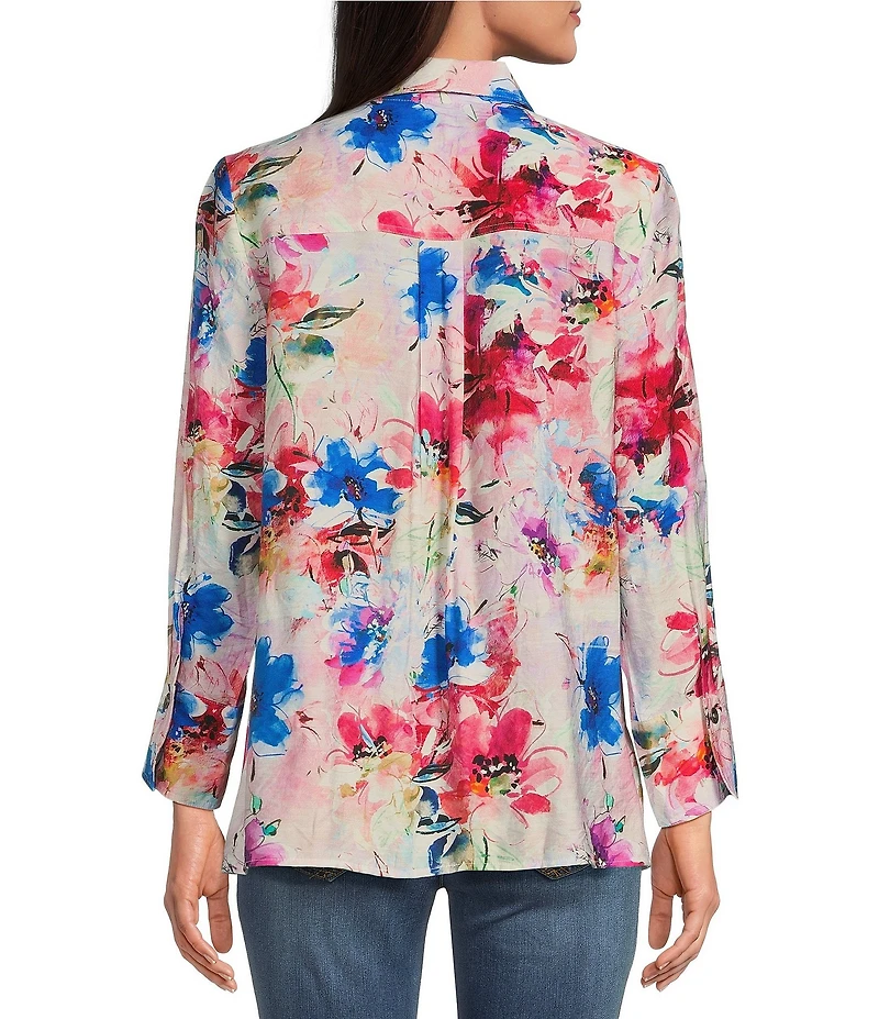 Calessa Textured Crinkle Antique Abstract Print Point Collar Long Sleeve Button Front Blouse