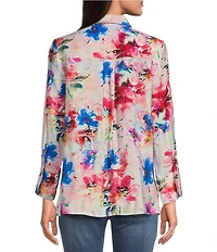 Calessa Textured Crinkle Antique Abstract Print Point Collar Long Sleeve Button Front Blouse