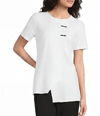 Calessa Textured Knit Asymmetric Hem Button Detail Crew Neck Short Sleeve Tunic