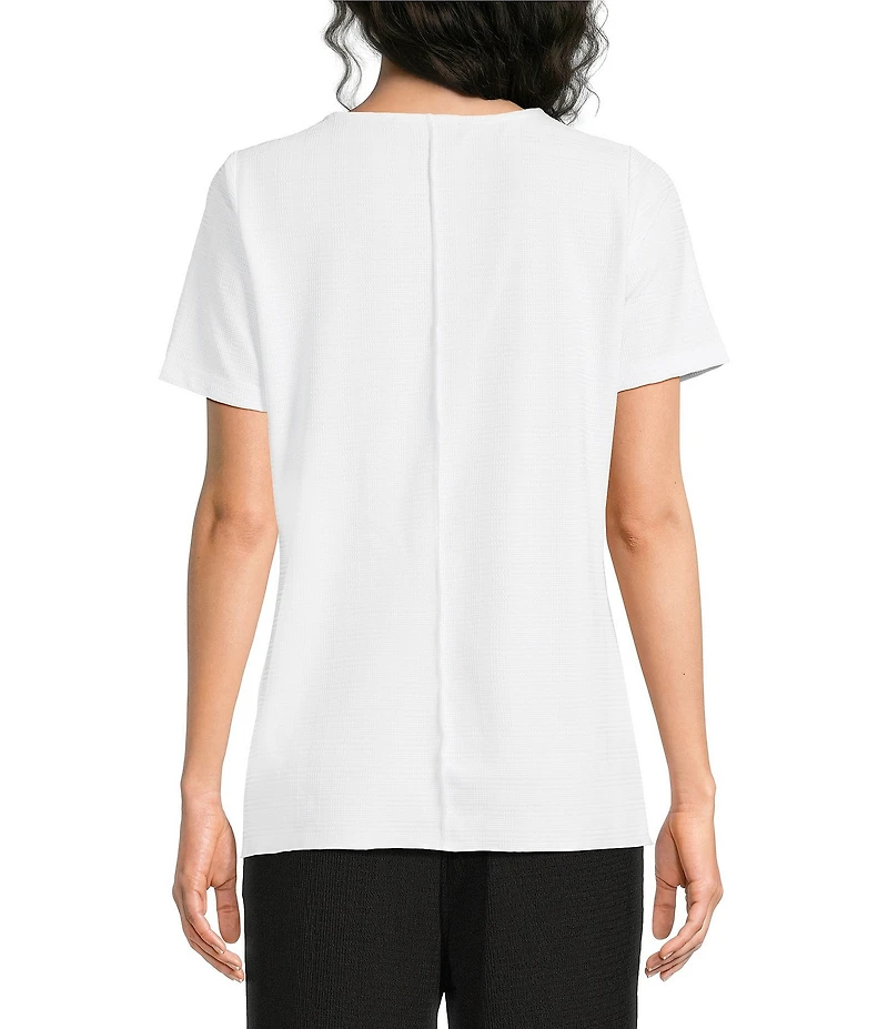 Calessa Textured Knit Asymmetric Hem Button Detail Crew Neck Short Sleeve Tunic