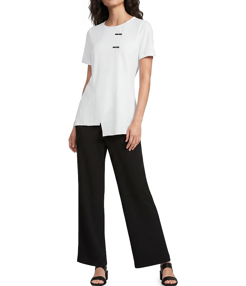 Calessa Textured Knit Asymmetric Hem Button Detail Crew Neck Short Sleeve Tunic
