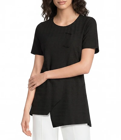 Calessa Textured Knit Asymmetric Hem Button Detail Crew Neck Short Sleeve Tunic