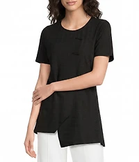 Calessa Textured Knit Asymmetric Hem Button Detail Crew Neck Short Sleeve Tunic