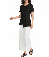 Calessa Textured Knit Asymmetric Hem Button Detail Crew Neck Short Sleeve Tunic