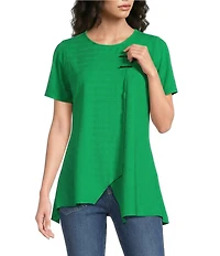Calessa Textured Knit Asymmetric Hem Button Detail Crew Neck Short Sleeve Tunic