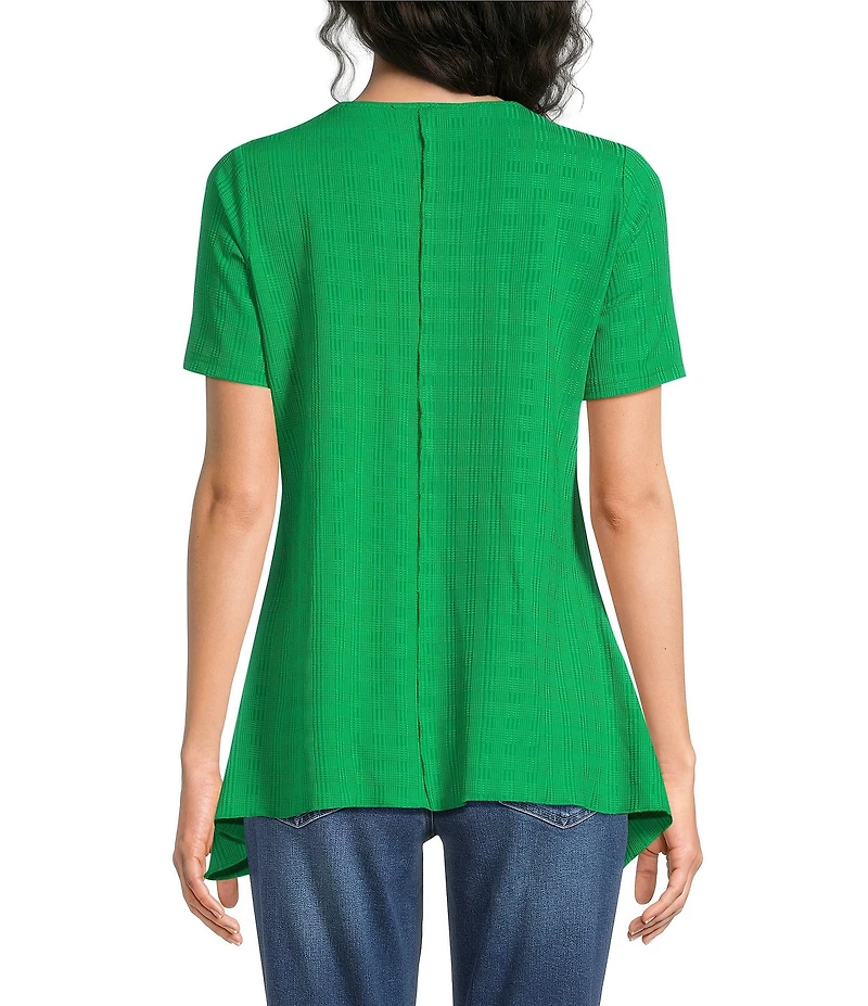 Calessa Textured Knit Asymmetric Hem Button Detail Crew Neck Short Sleeve Tunic