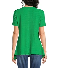 Calessa Textured Knit Asymmetric Hem Button Detail Crew Neck Short Sleeve Tunic