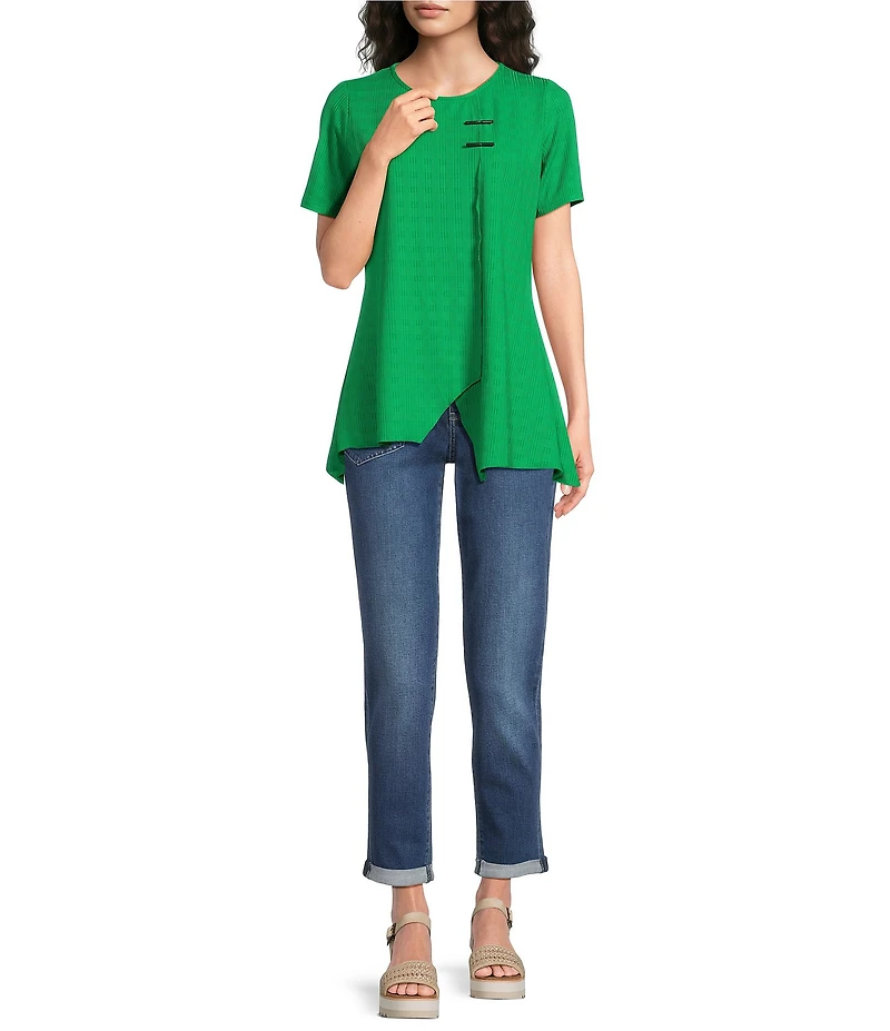 Calessa Textured Knit Asymmetric Hem Button Detail Crew Neck Short Sleeve Tunic