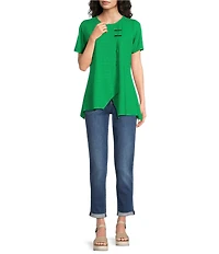 Calessa Textured Knit Asymmetric Hem Button Detail Crew Neck Short Sleeve Tunic