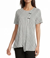 Calessa Textured Knit Asymmetric Hem Button Detail Striped Crew Neck Short Sleeve Tunic