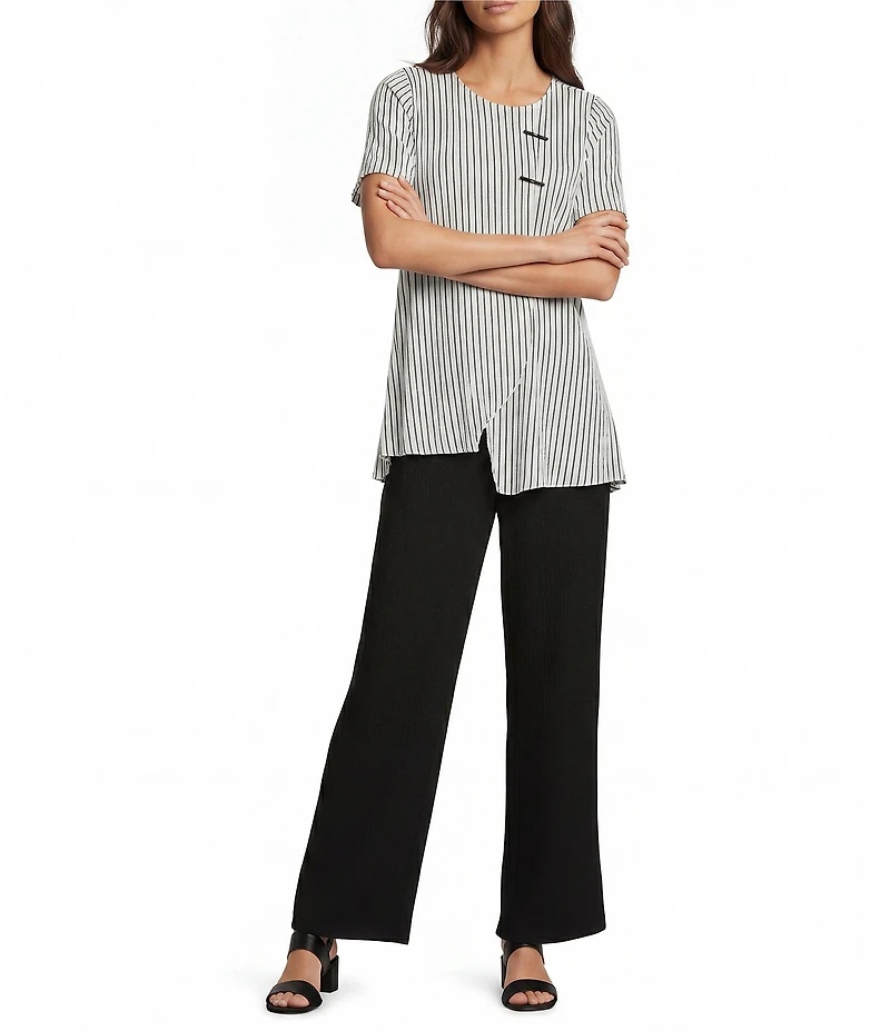 Calessa Textured Knit Asymmetric Hem Button Detail Striped Crew Neck Short Sleeve Tunic