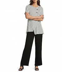 Calessa Textured Knit Asymmetric Hem Button Detail Striped Crew Neck Short Sleeve Tunic
