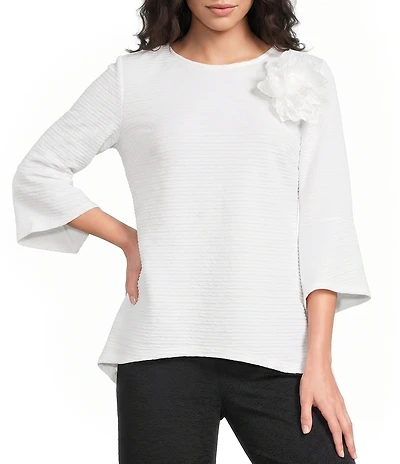 Calessa Textured Knit Floral Applique Round Neck 3/4 High Low Tunic
