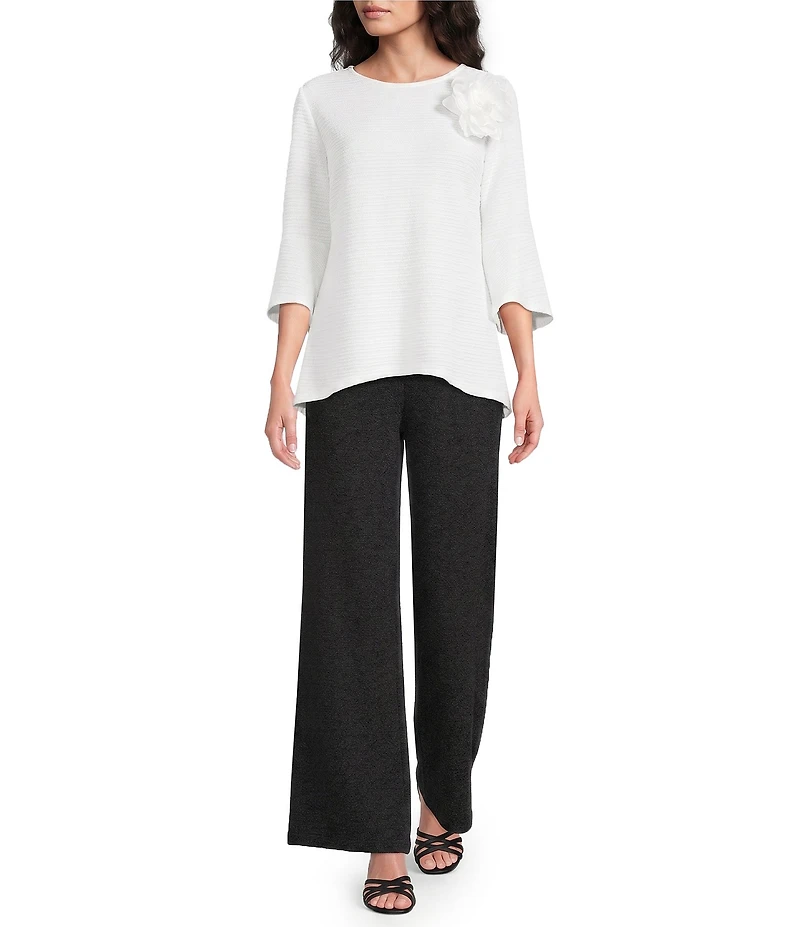 Calessa Textured Knit Floral Applique Round Neck 3/4 High Low Tunic