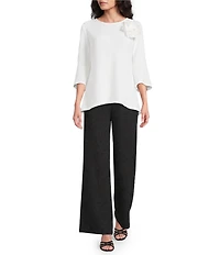 Calessa Textured Knit Floral Applique Round Neck 3/4 High Low Tunic
