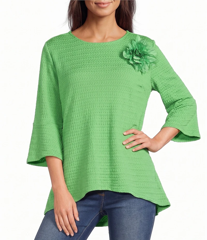 Calessa Textured Knit Floral Applique Round Neck 3/4 High Low Tunic