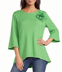 Calessa Textured Knit Floral Applique Round Neck 3/4 High Low Tunic