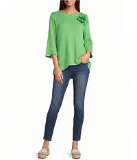 Calessa Textured Knit Floral Applique Round Neck 3/4 High Low Tunic