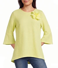 Calessa Textured Knit Floral Applique Round Neck 3/4 High Low Tunic