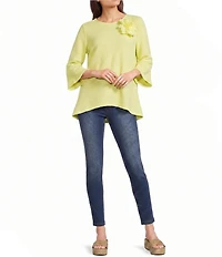 Calessa Textured Knit Floral Applique Round Neck 3/4 High Low Tunic