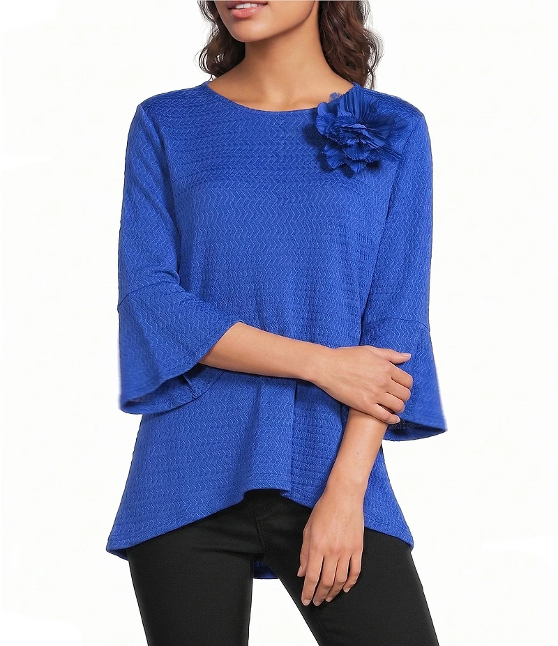 Calessa Textured Knit Floral Applique Round Neck 3/4 High Low Tunic