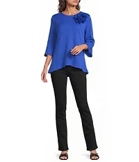 Calessa Textured Knit Floral Applique Round Neck 3/4 High Low Tunic