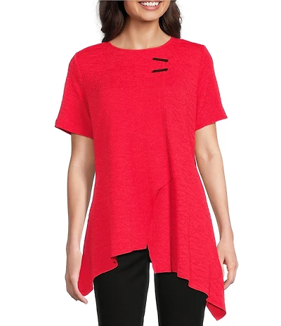 Calessa Textured Knit Scoop Neck Short Sleeve Asymmetric Hem Tunic