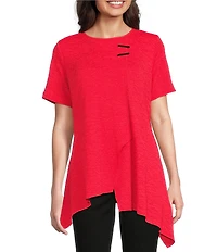 Calessa Textured Knit Scoop Neck Short Sleeve Asymmetric Hem Tunic