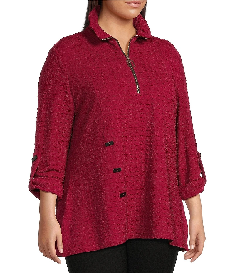 Calessa Textured Plus Size Yarn-Dye Knit Wire Collar 3/4 Roll-Tab Sleeve Quarter-Zip Tunic
