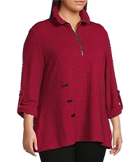Calessa Textured Plus Size Yarn-Dye Knit Wire Collar 3/4 Roll-Tab Sleeve Quarter-Zip Tunic