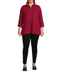 Calessa Textured Plus Size Yarn-Dye Knit Wire Collar 3/4 Roll-Tab Sleeve Quarter-Zip Tunic