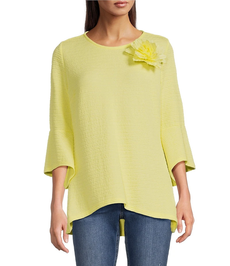 Calessa Textured Pucker Knit Crew Neck 3/4 Flare Sleeve Top