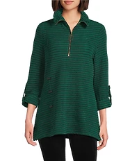 Calessa Textured Rib Yarn-Dye Wire Collar 3/4 Roll-Tab Sleeve Quarter Zip-Up Tunic