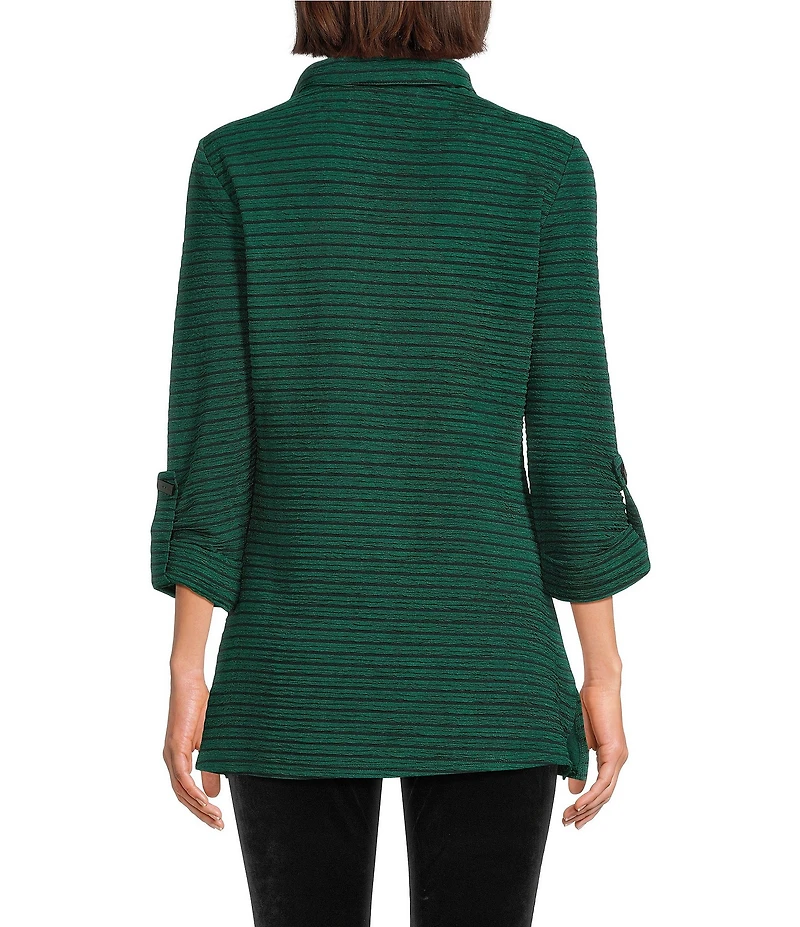 Calessa Textured Rib Yarn-Dye Wire Collar 3/4 Roll-Tab Sleeve Quarter Zip-Up Tunic