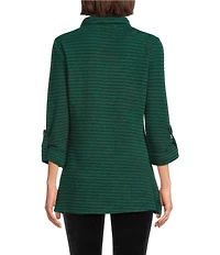 Calessa Textured Rib Yarn-Dye Wire Collar 3/4 Roll-Tab Sleeve Quarter Zip-Up Tunic