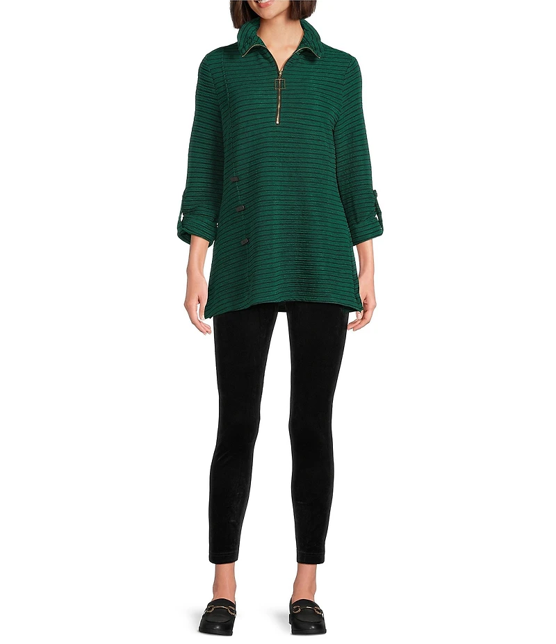 Calessa Textured Rib Yarn-Dye Wire Collar 3/4 Roll-Tab Sleeve Quarter Zip-Up Tunic