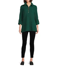 Calessa Textured Rib Yarn-Dye Wire Collar 3/4 Roll-Tab Sleeve Quarter Zip-Up Tunic