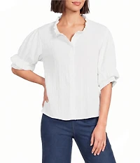 Calessa Textured Split Tie Neck Elbow Length Sleeve Button Front Tunic