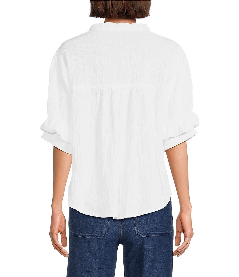 Calessa Textured Split Tie Neck Elbow Length Sleeve Button Front Tunic