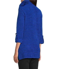 Calessa Textured Yarn-Dye Knit Wire Collar 3/4 Roll-Tab Sleeve Button Accent Quarter-Zip Tunic