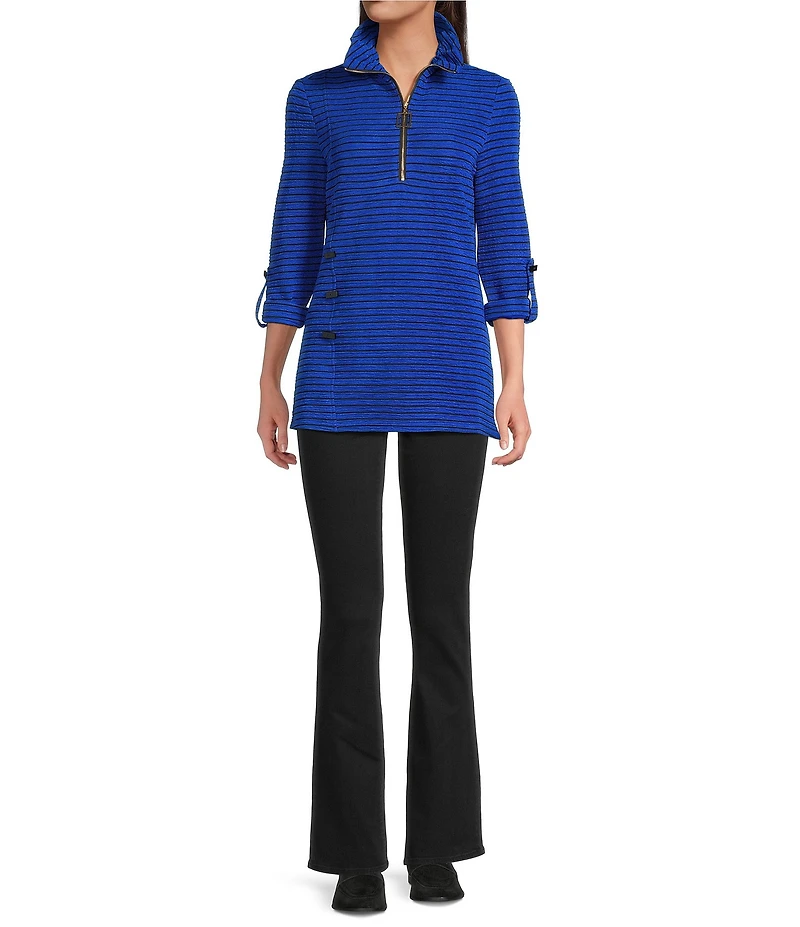 Calessa Textured Yarn-Dye Knit Wire Collar 3/4 Roll-Tab Sleeve Button Accent Quarter-Zip Tunic