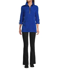 Calessa Textured Yarn-Dye Knit Wire Collar 3/4 Roll-Tab Sleeve Button Accent Quarter-Zip Tunic