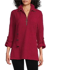 Calessa Textured Yarn-Dye Knit Wire Collar 3/4 Roll-Tab Sleeve Quarter-Zip Tunic