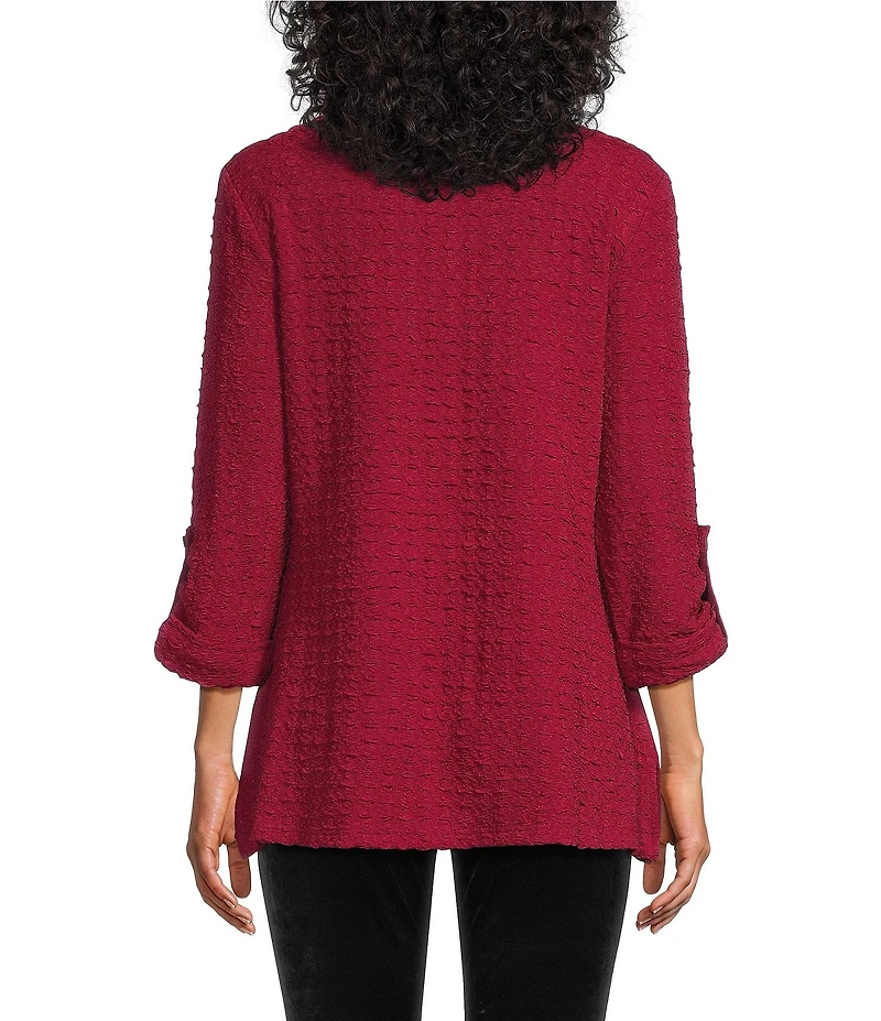 Calessa Textured Yarn-Dye Knit Wire Collar 3/4 Roll-Tab Sleeve Quarter-Zip Tunic