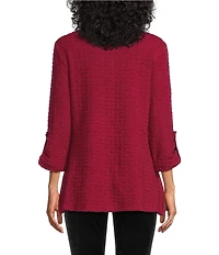 Calessa Textured Yarn-Dye Knit Wire Collar 3/4 Roll-Tab Sleeve Quarter-Zip Tunic