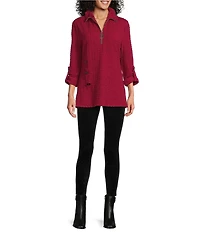 Calessa Textured Yarn-Dye Knit Wire Collar 3/4 Roll-Tab Sleeve Quarter-Zip Tunic