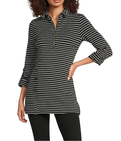 Calessa Textured Yarn-Dye Knit Wire Collar 3/4 Roll-Tab Sleeve Quarter Zip-Up Tunic