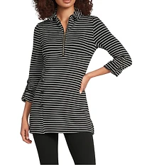 Calessa Textured Yarn-Dye Knit Wire Collar 3/4 Roll-Tab Sleeve Quarter Zip-Up Tunic