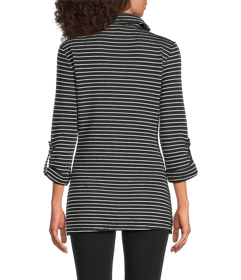 Calessa Textured Yarn-Dye Knit Wire Collar 3/4 Roll-Tab Sleeve Quarter Zip-Up Tunic